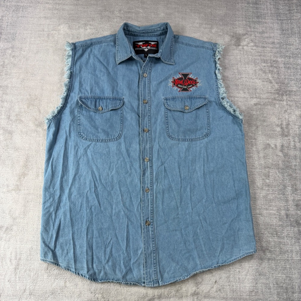 Daytona Bike Week Shirt Mens Large Blue Denim Bike Week Cut Off Vtg Y2K Clown